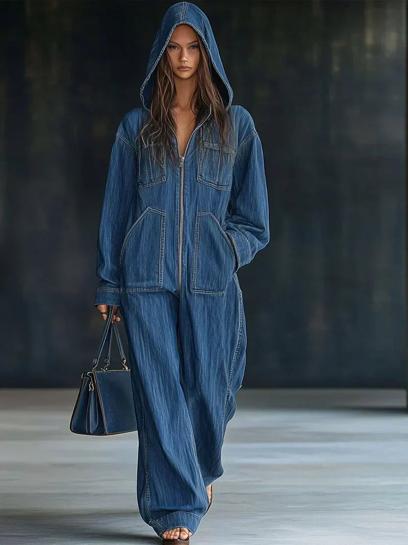 Denim Jumpsuit Casual Loose Retro Pockets Long Sleeve Hooded Zipper Jumpsuit