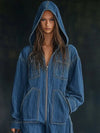 Denim Jumpsuit Casual Loose Retro Pockets Long Sleeve Hooded Zipper Jumpsuit